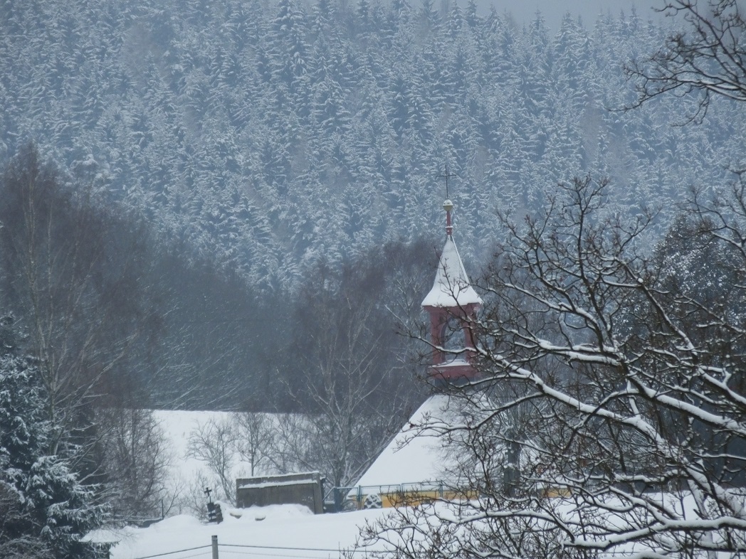 Зимний лес. Церковь. Лобендава. Чехия.
